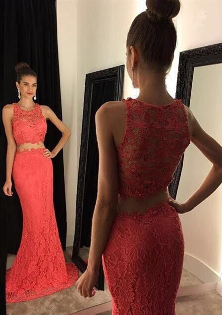 Two Piece Lace Mermaid Peach Long Sexy Sleeveless Prom Dresses