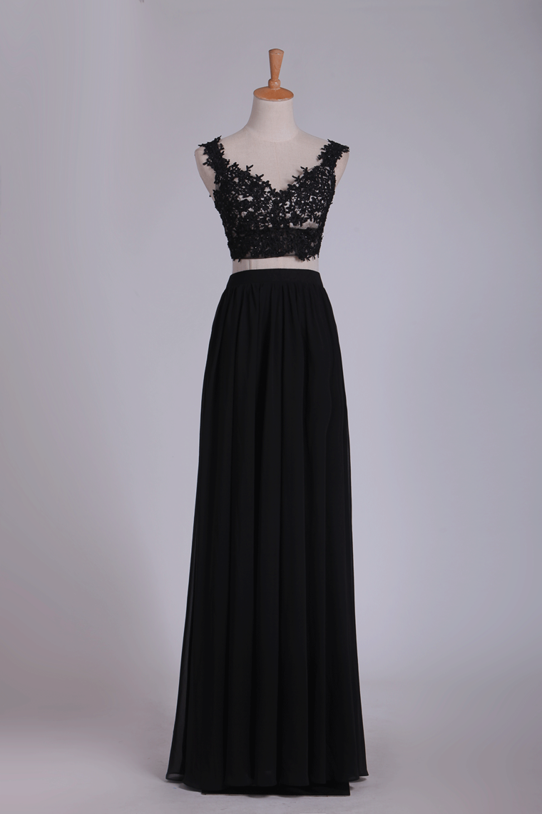 Straps Two Pieces A Line Prom Dresses Chiffon With Applique Floor Length