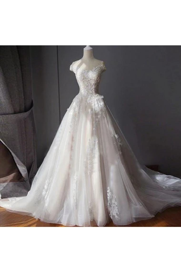 Stunning Off The Shoulder Tulle Wedding Dress With Applique Bridal Dress With Long SJSPAE18RA2