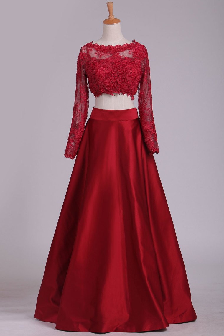 2024 Long Sleeves Two-Piece Bateau Prom Dresses Floor Length Satin