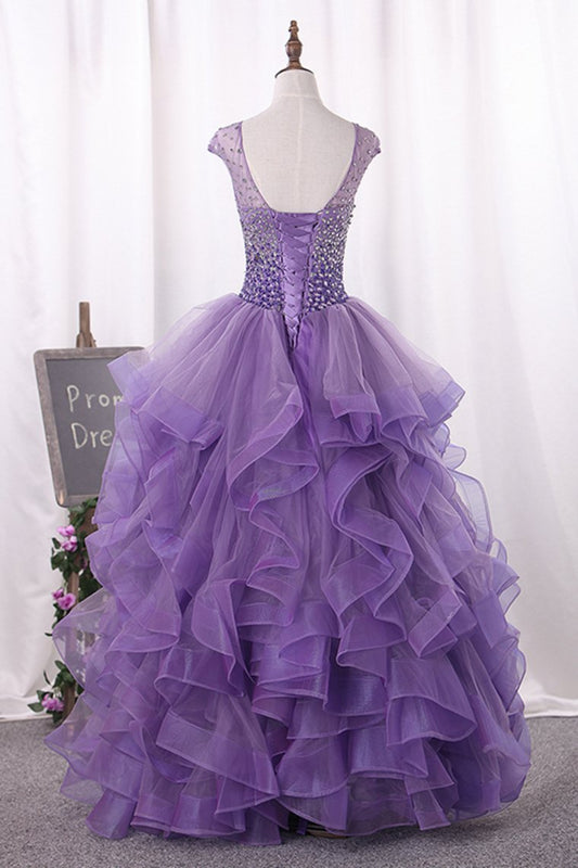 2024 Tulle Quinceanera Dresses Ball Gown Scoop Beaded Bodice Floor Length