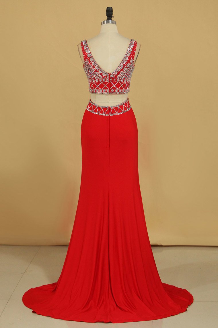 Two Pieces V Neck Prom Dresses Sheath Spandex With Beading Floor Length