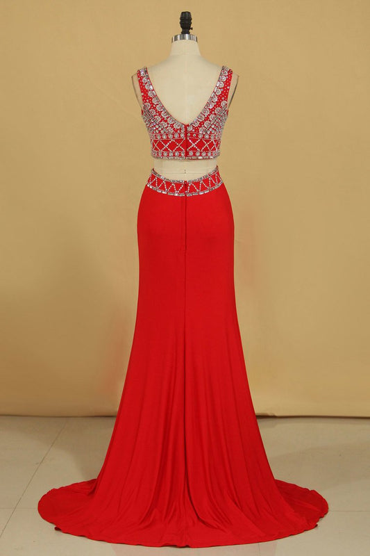 Two Pieces V Neck Prom Dresses Sheath Spandex With Beading Floor Length