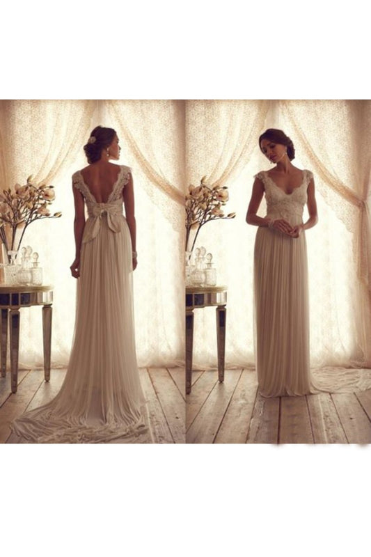 V Neck Cap Sleeves Wedding Dresses Chiffon Floor Length With Applique Backless