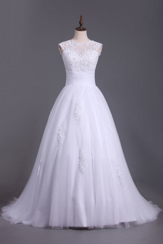 Wedding Dresses A Line Open Back Scoop Tulle With Applique And Beads