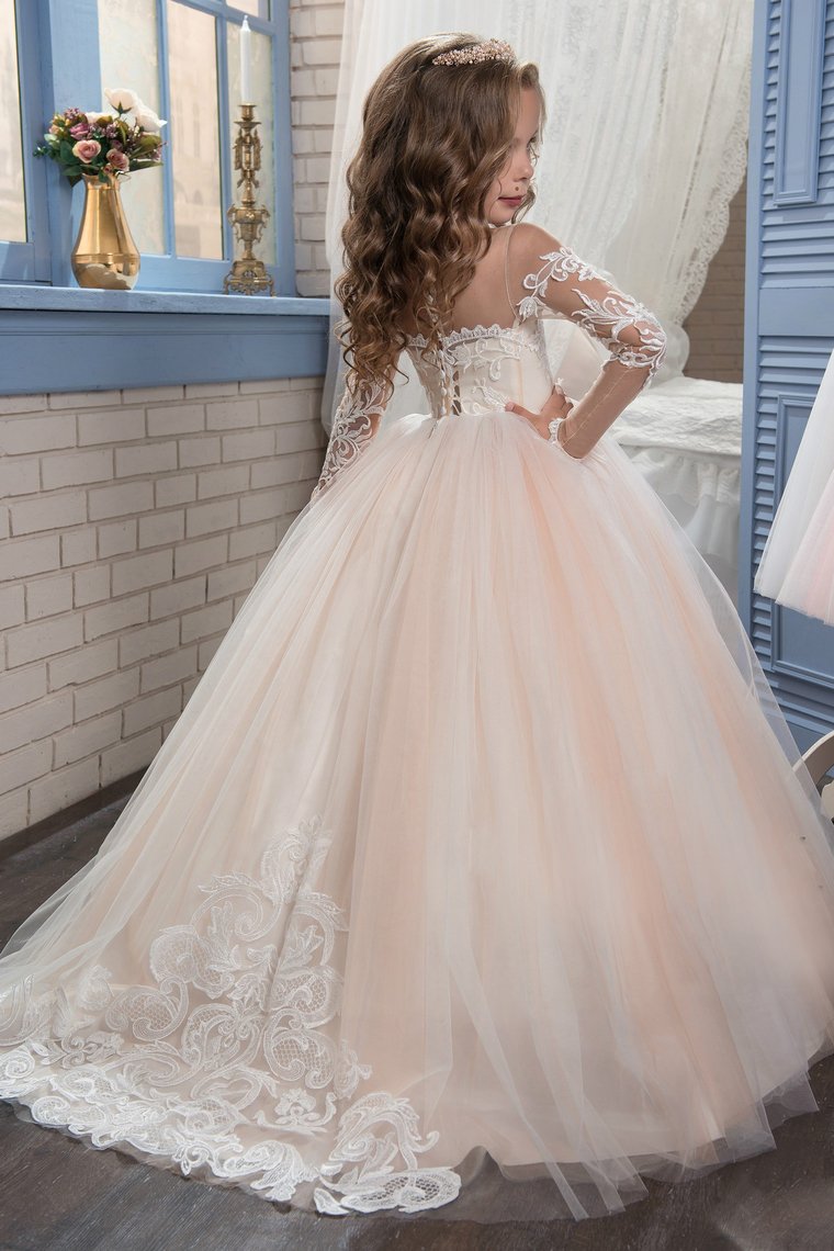 2024 Scoop Flower Girl Dresses Ball Gown Long Sleeves Tulle With Aplique