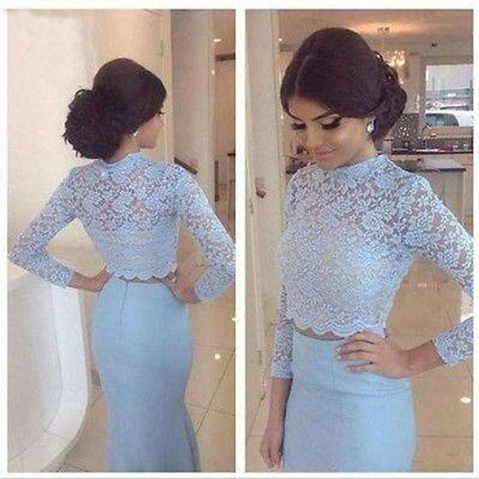 Baby Blue Lace Two Pieces Mermaid Long Sleeve Sexy Prom Dress Dresses for Prom PD190446