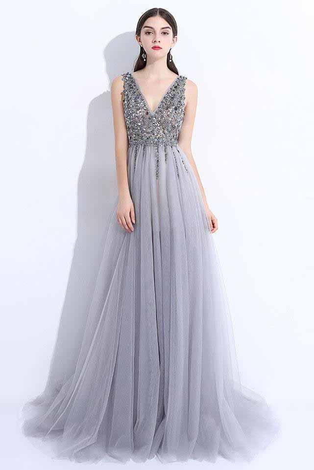 2024 New A-Line V-Neck Grey Tulle Beaded Long Sleeveless Backless Prom Dresses with SRS10086