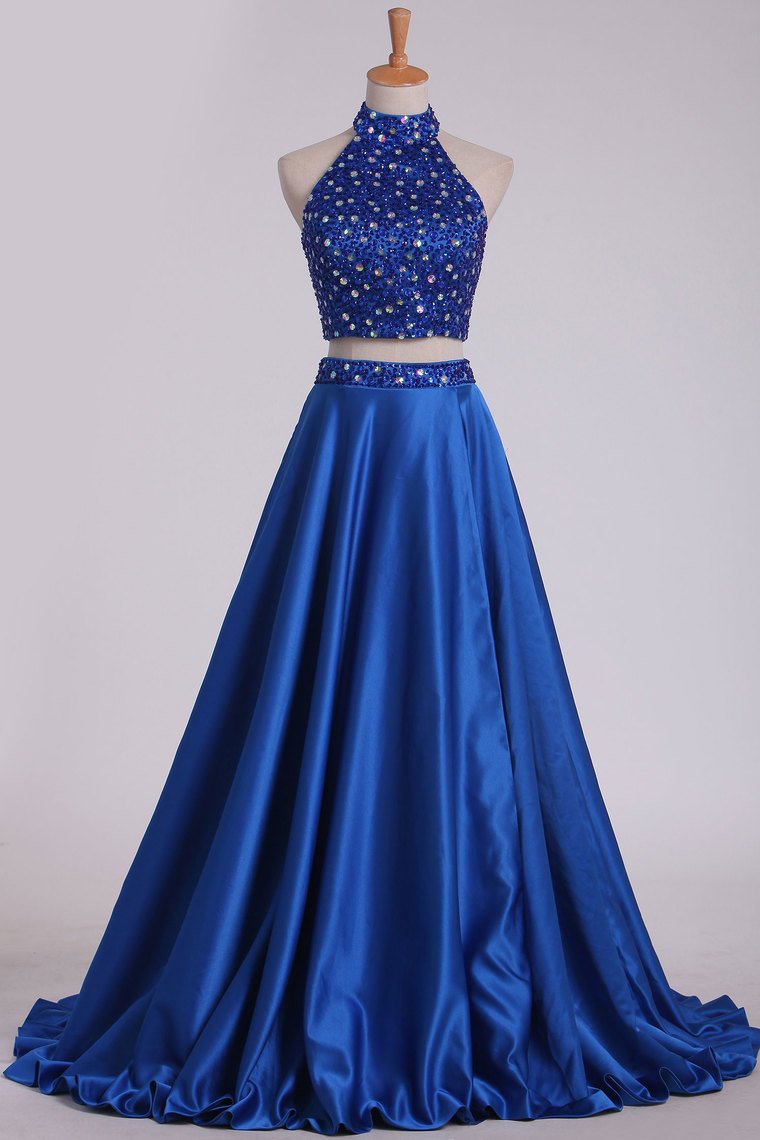 Two Pieces High Neck A Line Prom Dresses Beaded Bodice Satin Open Back