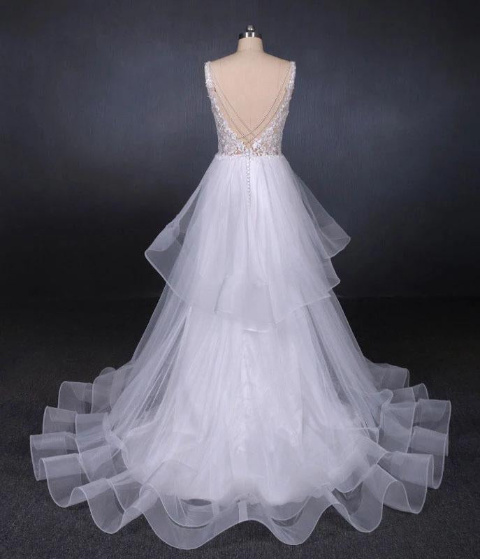 Elegant V-neck Tulle Open Back Wedding Dresses, Asymmetrical Long Bridal Dresses SJS15217