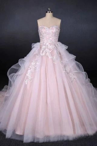 Ball Gown Strapless Sweetheart Wedding Dresses with Lace Applique, Tulle Prom Dresses SJS15070