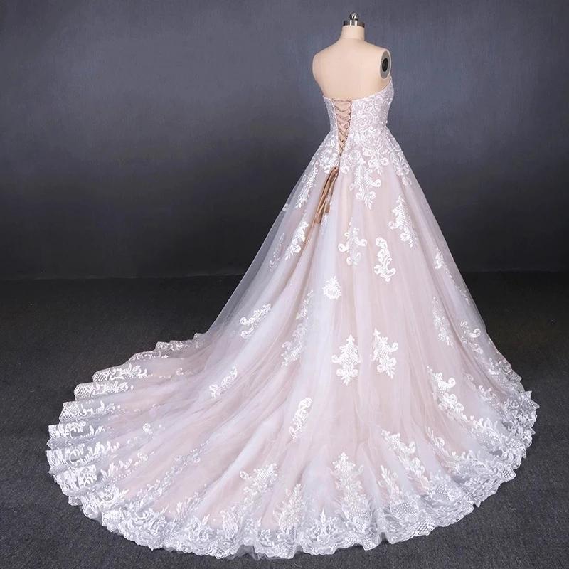 Ball Gown Strapless Wedding Dresses with Lace Applique, Lace Up Bridal Dress SJS15071