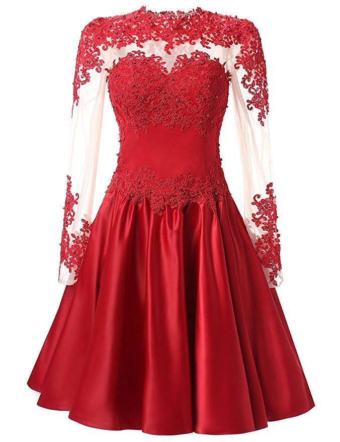 A Line Long Sleeves With Applique Knee-Length High Neck Homecoming Dresses