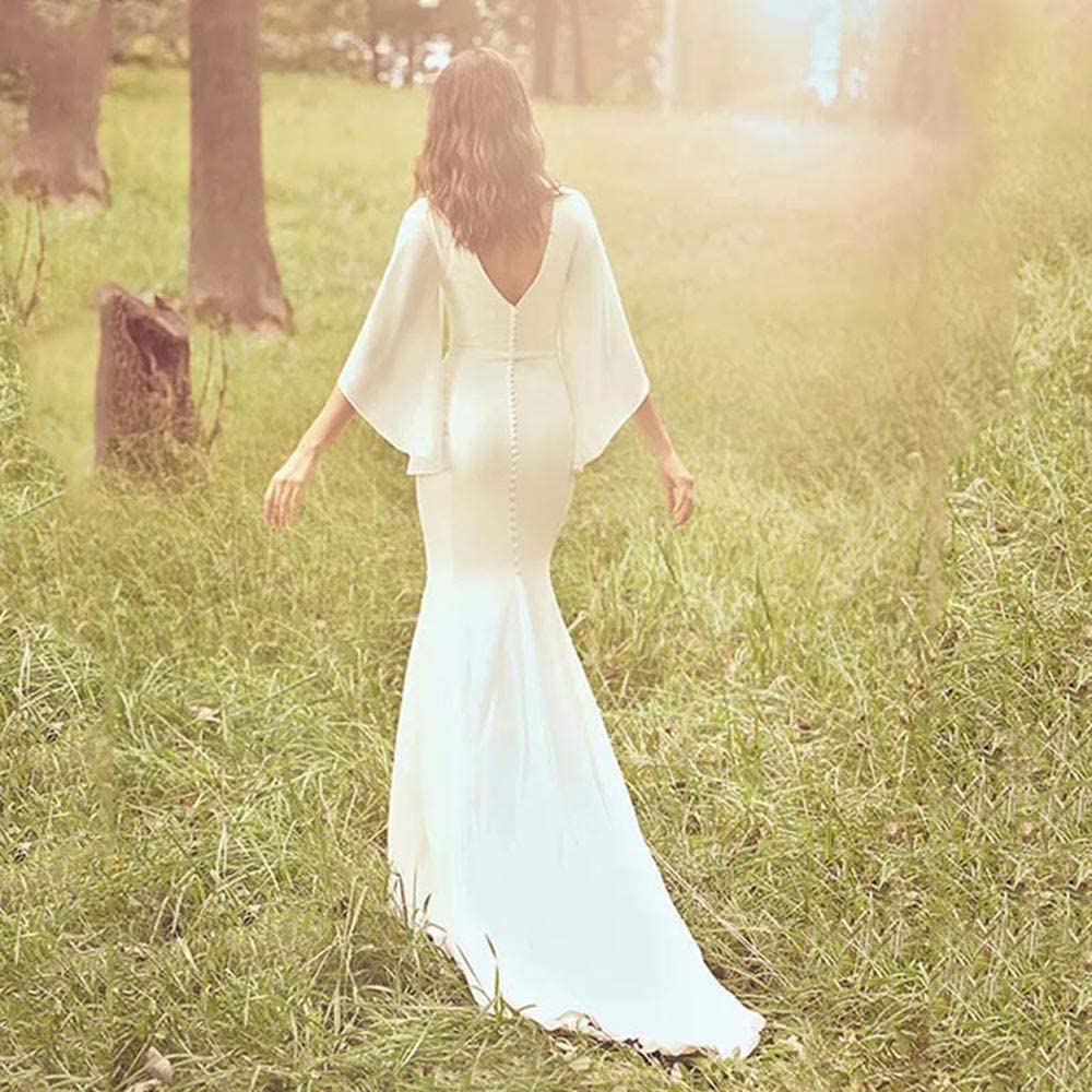 Long Sleeves Deap V Neck Mermaid V Back Rustic Bohemian Wedding Dresses