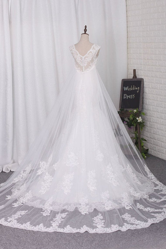 2024 Mermaid V Neck Wedding Dresses Tulle With Applique Chapel Train Detachable