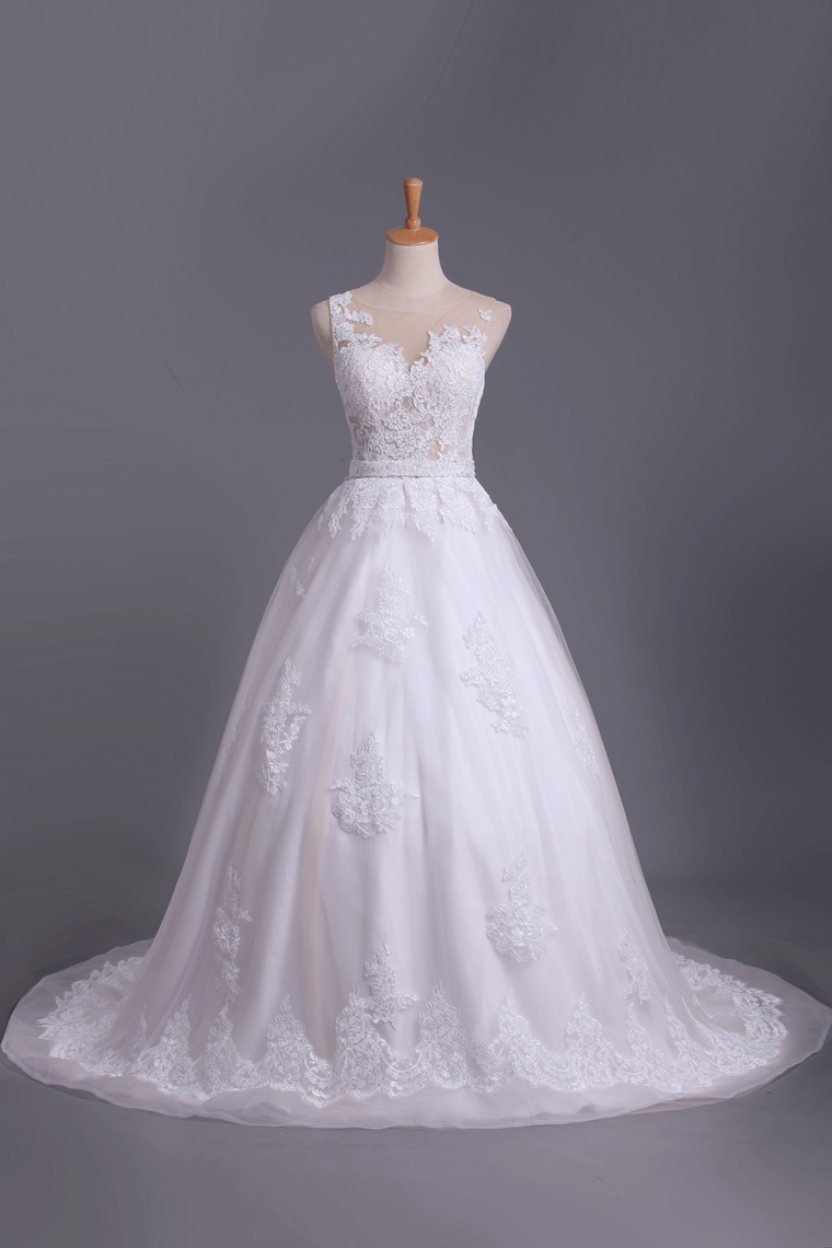 Chapel Train Wedding Dresses Bateau Tulle With Applique And Sash A Line