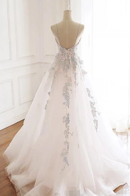 Beaded Spaghetti Strap Illusion V Neckline Wedding Dress With Colorful SJSPH7CQTB3