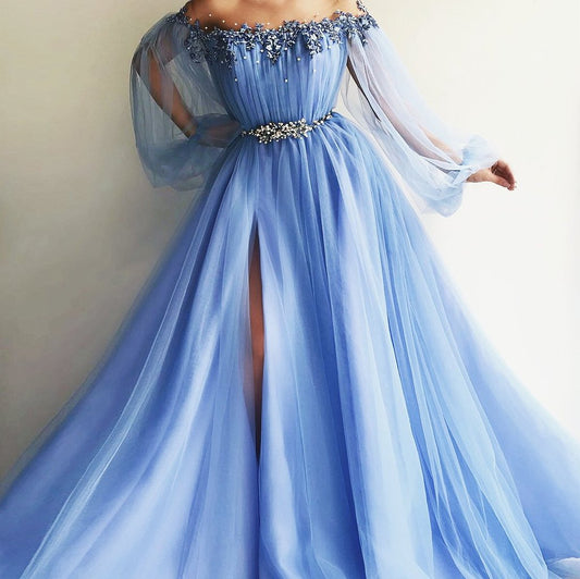 Elegant Blue Long Sleeves Off the Shoulder Beaded Crystal Side Slit Prom Dresses