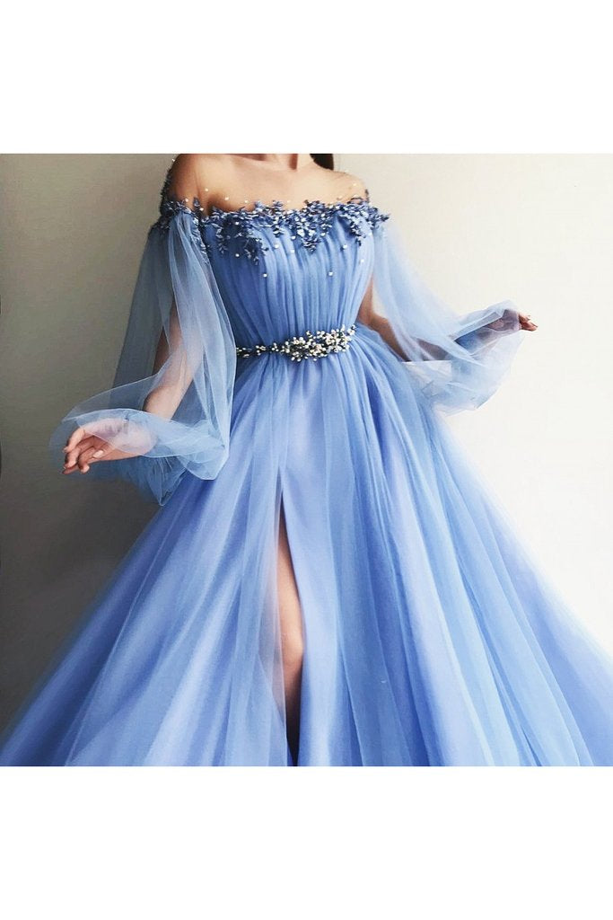 Elegant Blue Long Sleeves Off the Shoulder Beaded Crystal Side Slit Prom Dresses