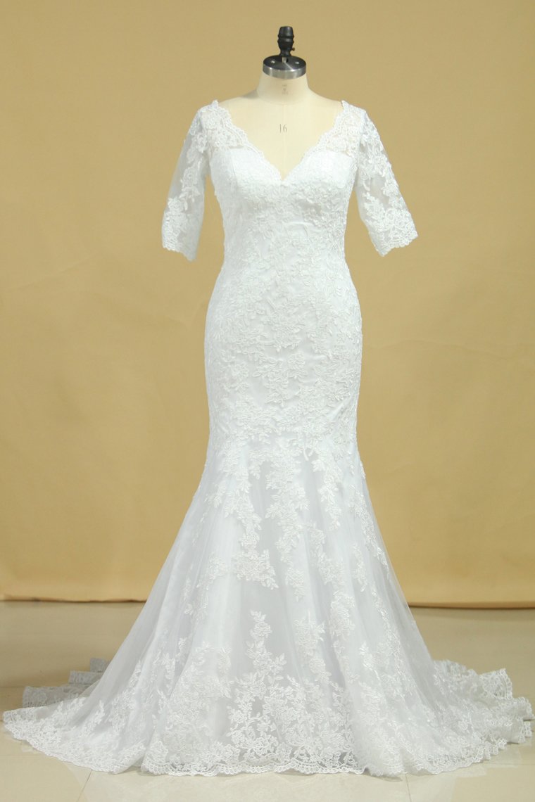 Mermaid Wedding Dresses V-Neck 3/4 Sleeves Court Train Tulle V-Back With Covered Button