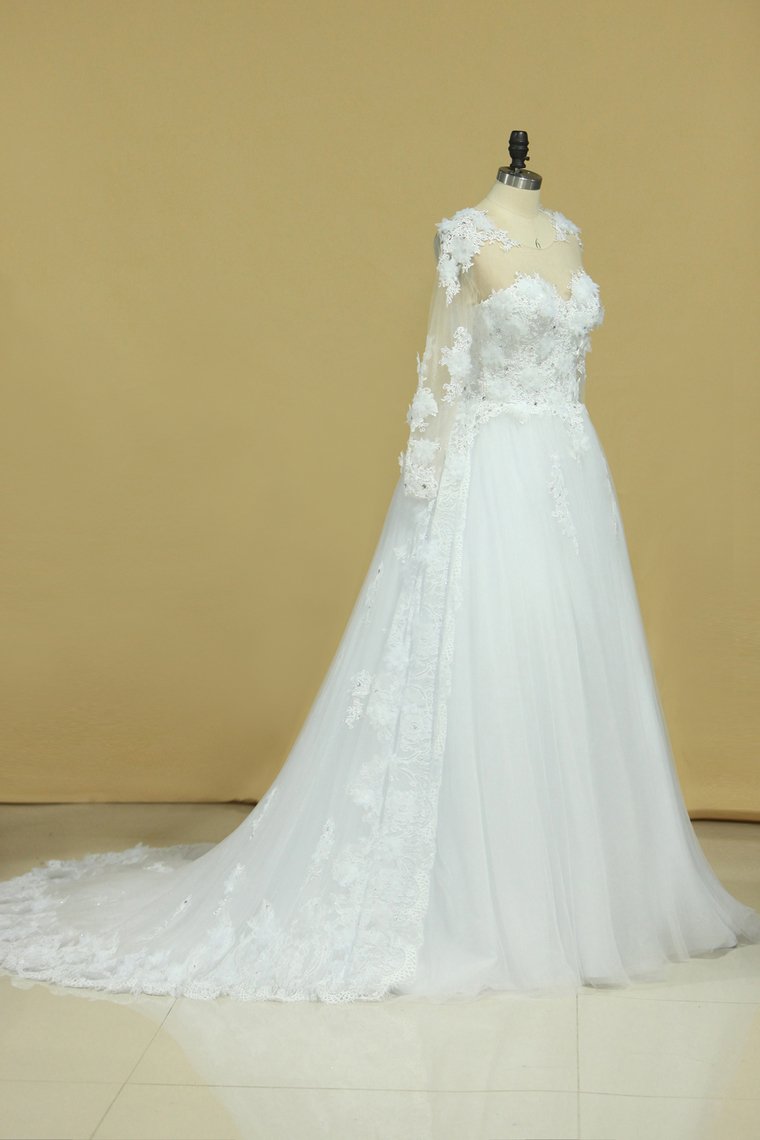 Hot Long Sleeves Wedding Dresses Scoop Tulle With Applique