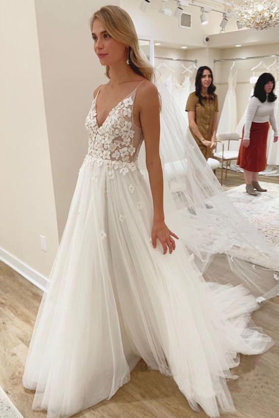 Elegant A line Spaghetti Straps V Neck Tulle Wedding Dresses, Wedding SJS15639