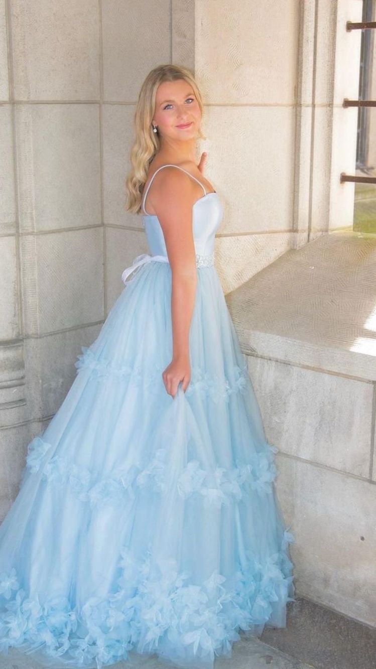 A Line Tulle Princess Formal Evening Dresses Sky Blue Long Prom Dresses