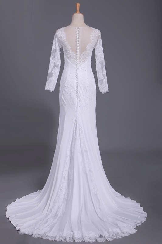 Wedding Dresses Scoop Long Sleeves Spandex Court Train With Applique