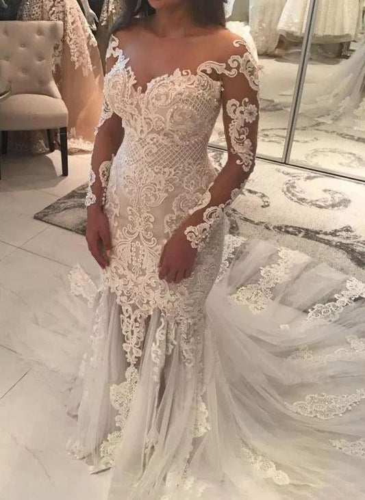 Long Sleeve Sparkly Mermaid V Neck Beads Wedding Dresses With Applique SJS15249