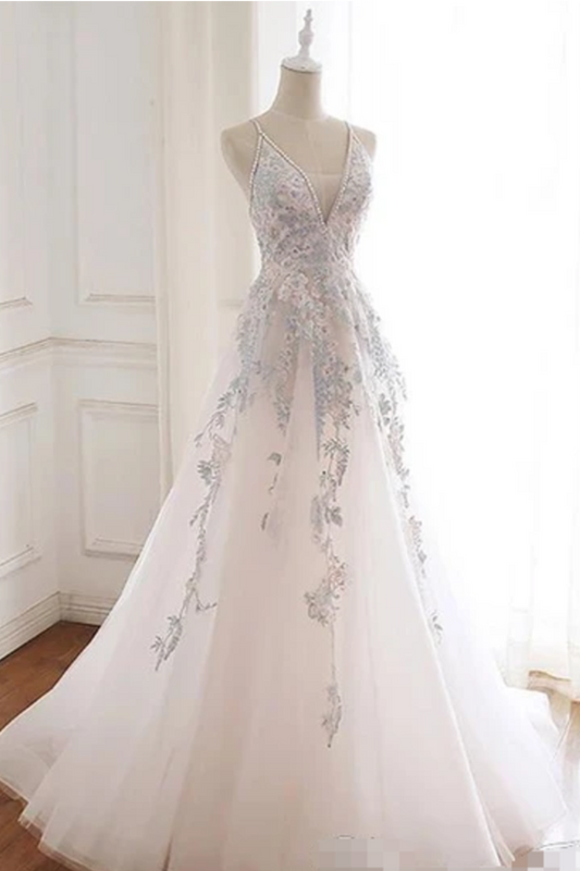 Beaded Spaghetti Strap Illusion V Neckline Wedding Dress With Colorful SJSPH7CQTB3