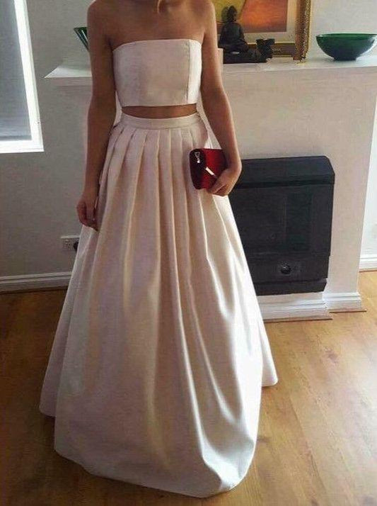 A-Line Gorgeous Two Piece Ivory Satin Long Strapless Floor-Length Prom Dresses JS151