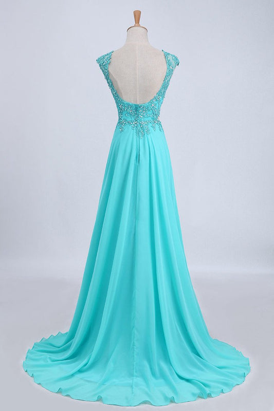 Two Pieces Prom Dresses Bateau Backless A Line Chiffon Sweep Train With Slit