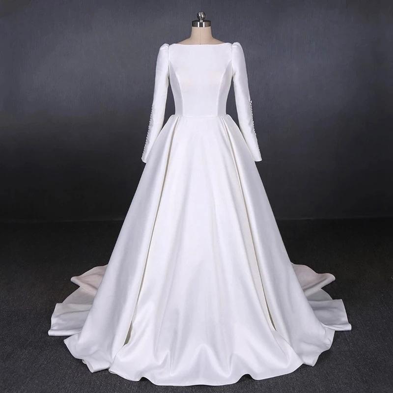 Ball Gown Long Sleeve White Satin Wedding Dresses, Long Simple Wedding Gowns SJS15060