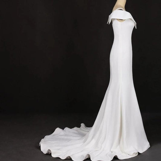 Mermaid V Neck Ivory Simple Wedding Dress, Satin Unique Long Wedding Gowns SJS15268