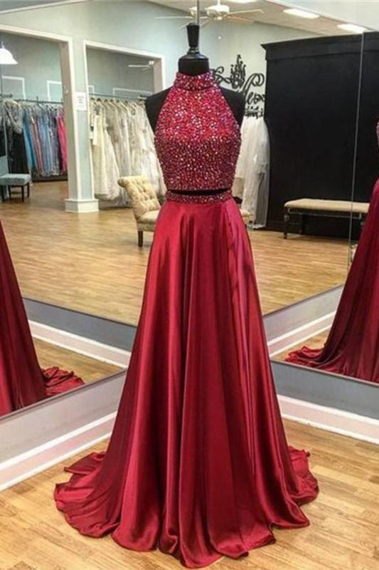 Two Pieces Satin Prom Dresses With Beaded Bodice Sweep Train