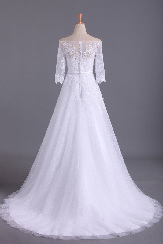 Shiny Wedding Dresses Bateau Half Length Sleeve A Line With Applique