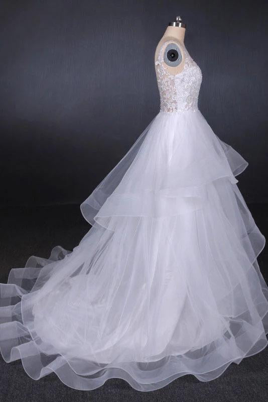 Elegant V-neck Tulle Open Back Wedding Dresses, Asymmetrical Long Bridal Dresses SJS15217