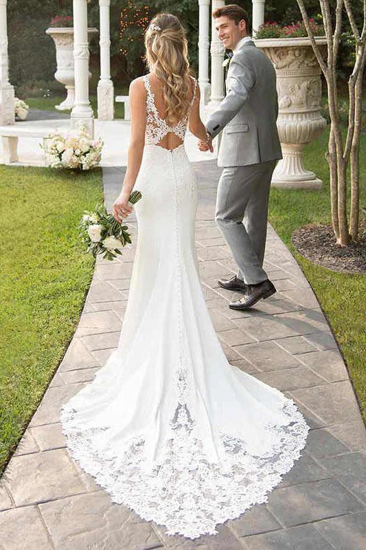 Spaghetti Straps Lace Open Back Mermaid Off White Wedding Dresses Bridal Dresses SJS15416