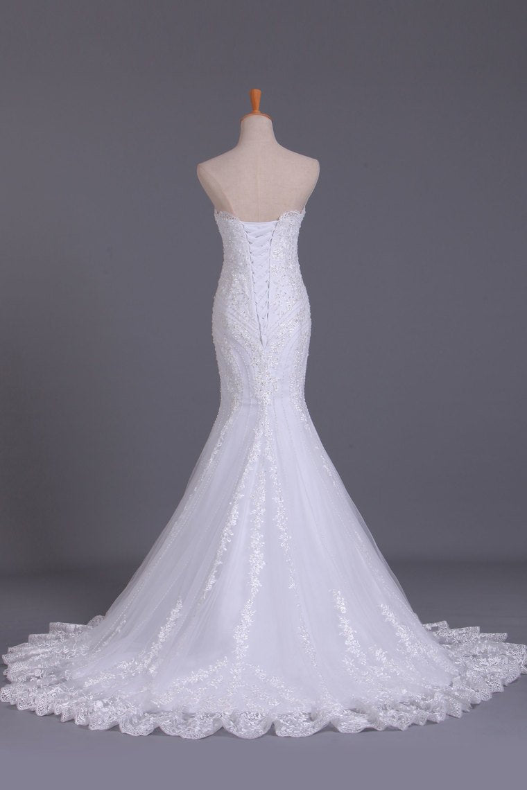 Wedding Dresses Strapless Mermaid Chapel Train With Applique Lace Up