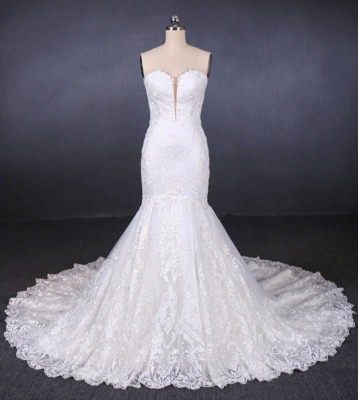 Charming Strapless Sweetheart Mermaid Lace Appliques White Wedding Dresses SJS15128