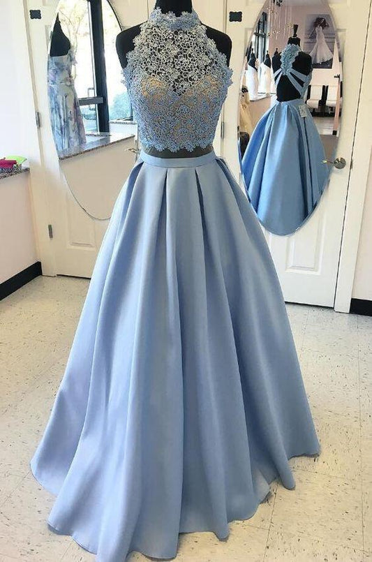 Two Piece Sky Blue Prom Dress 2024 Two Piece Sky Blue Long Prom Dresses