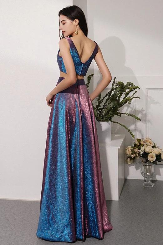 Two Pieces V Neck Straps V Back Floor Length Prom Dresses Long Party Dresses SJS15447