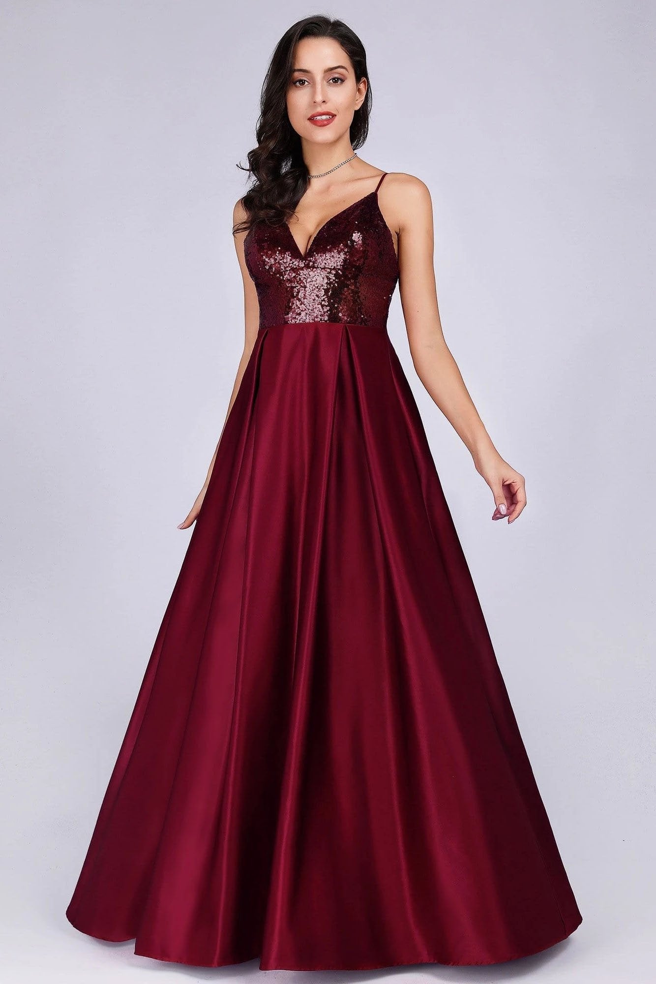 Deep V Neck Long Sleeveless Spaghetti Straps Burgundy Satin Evening Prom Dresses SRS15140