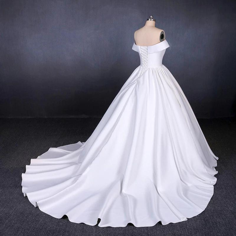 Ball Gown Off the Shoulder White Satin Wedding Dresses, Simple Cheap Wedding Gowns SJS15065