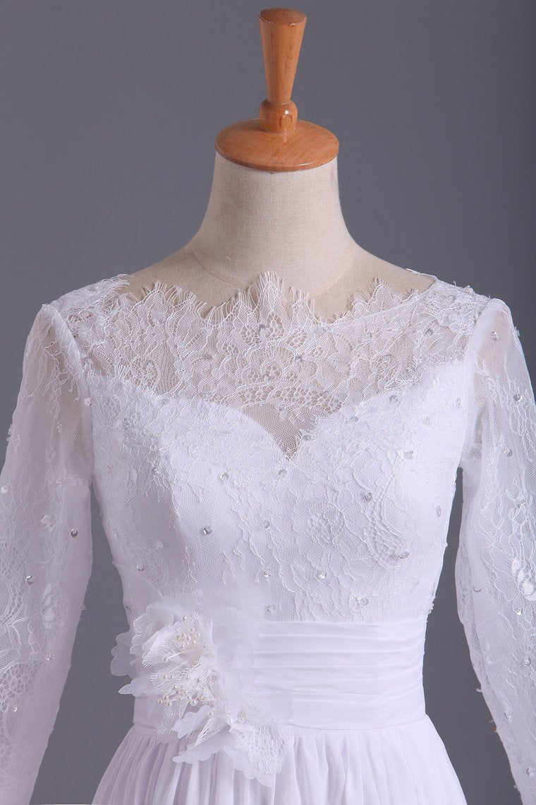 Bateau 3/4 Length Sleeve A Line Wedding Dresses Chiffon With Applique & Handmade Flower