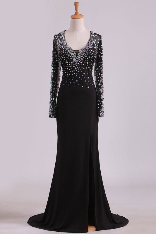 2024 Open Back Long Sleeves With Beading And Slit Prom Dresses Sweep Train Spandex