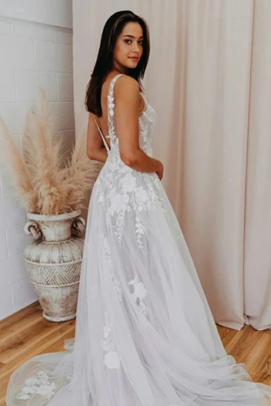 Romantic V Neckline Backless Wedding Dress Appliqued Ball Gown Bridal SJSPSMCZA6Q