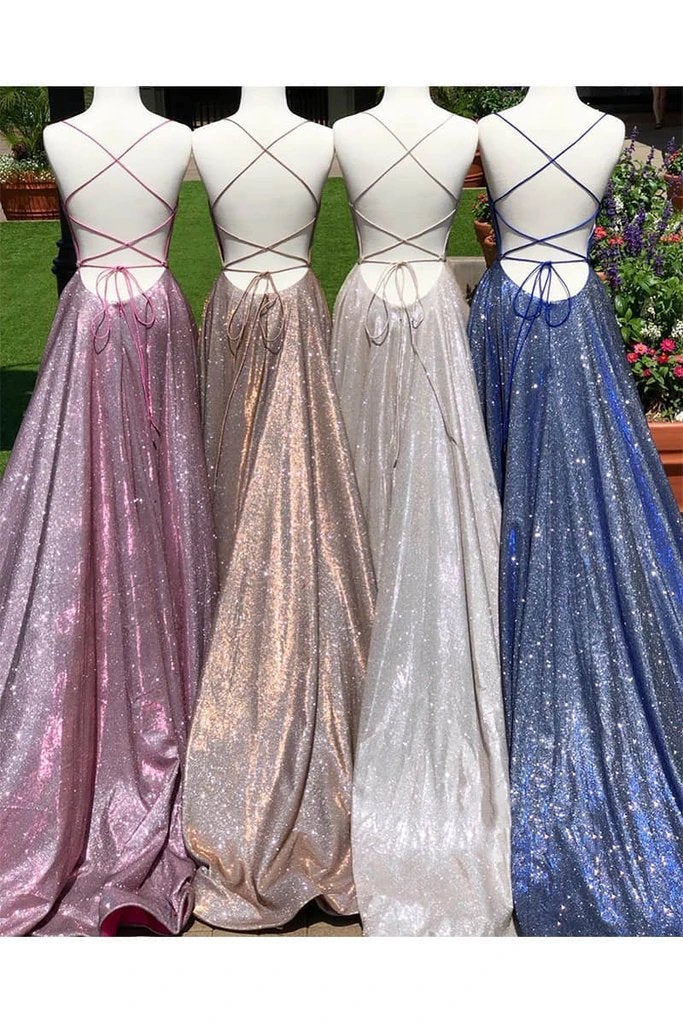 A-Line Sparkle Split Backless Evening Dresses Long Prom Dresses With Pocket