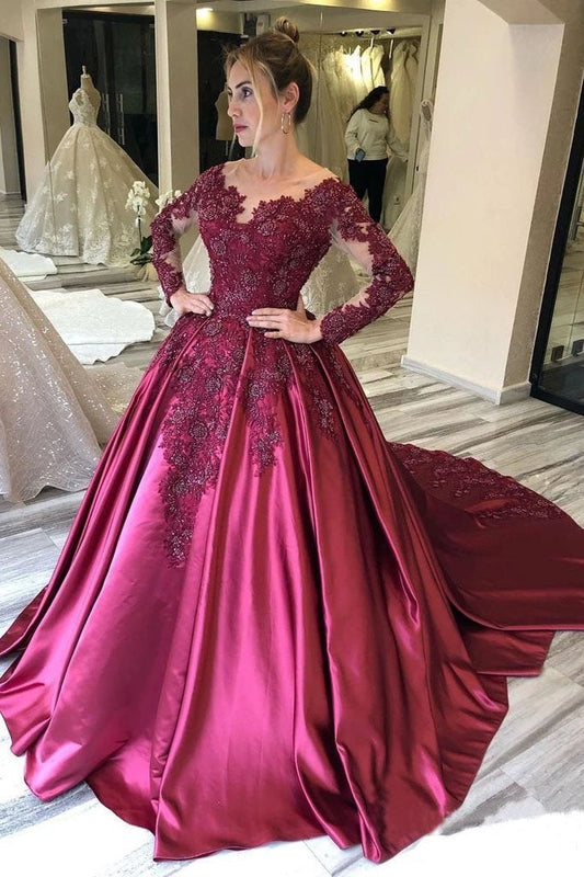 Ball Gown Long Sleeves Burgundy Satin Beads Prom Dresses with Appliques, Quinceanera Dress SRS15498