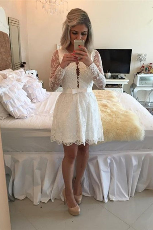 2024 Lace V Neck A Line Homecoming Dresses Long Sleeves Lace With Applique